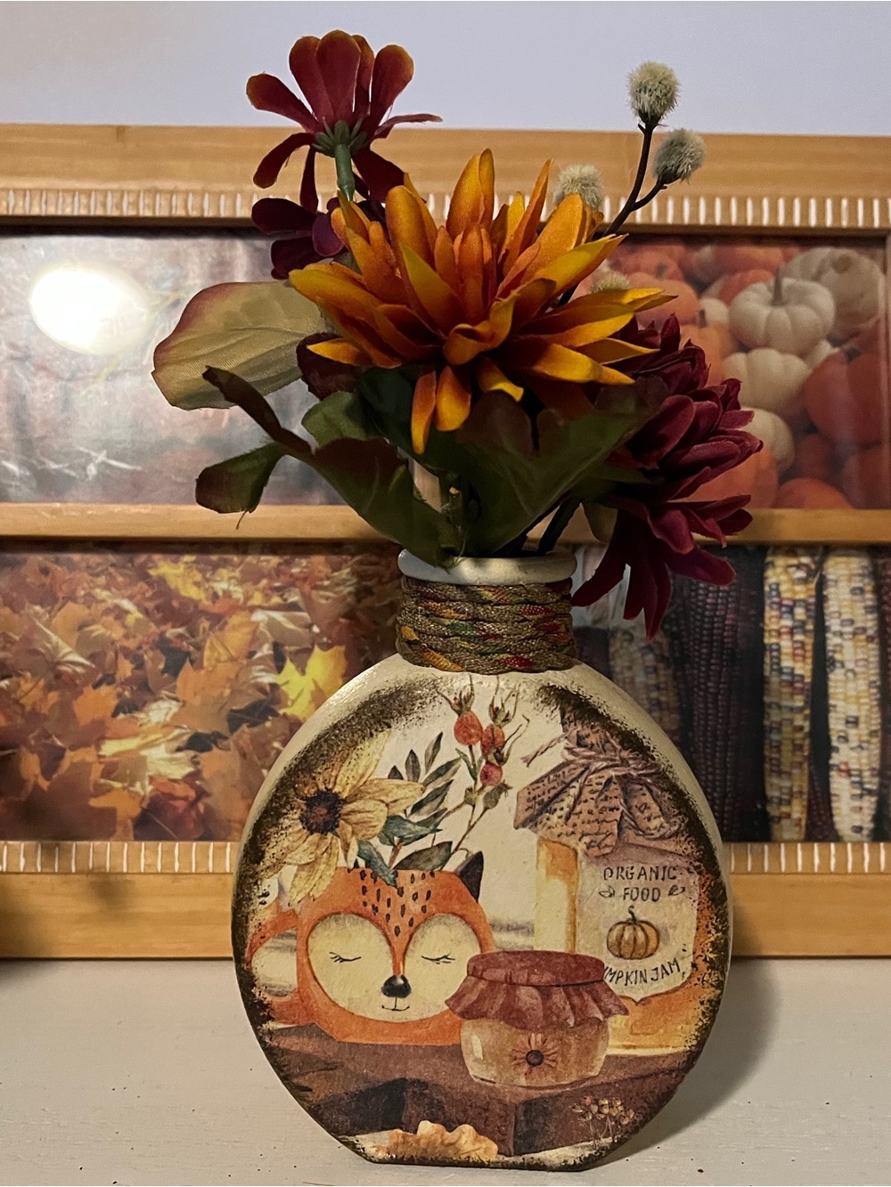 Decorative Autumn Fox Round Vase with Orange and Burgundy Floral Accents